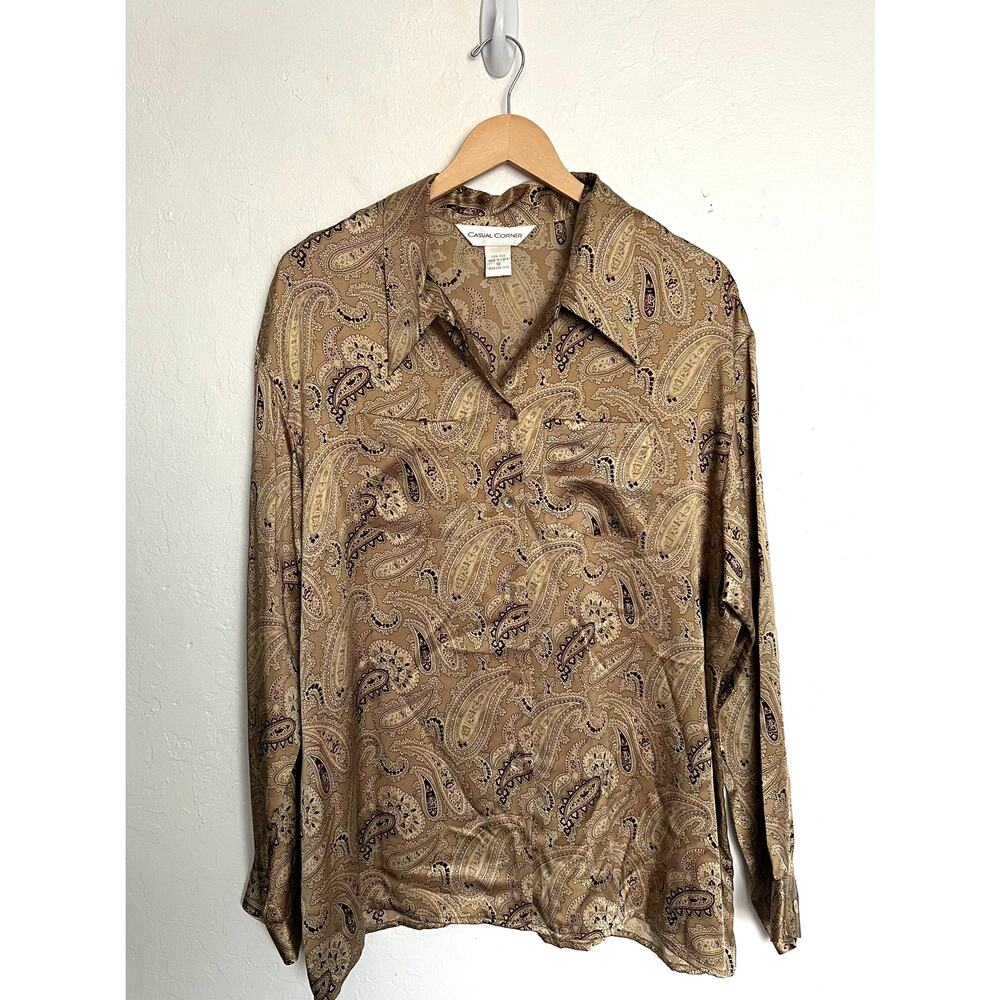 Vintage Casual Corner Shirt Sz 16 Paisley Button Down Long Sleeve Silk Tan